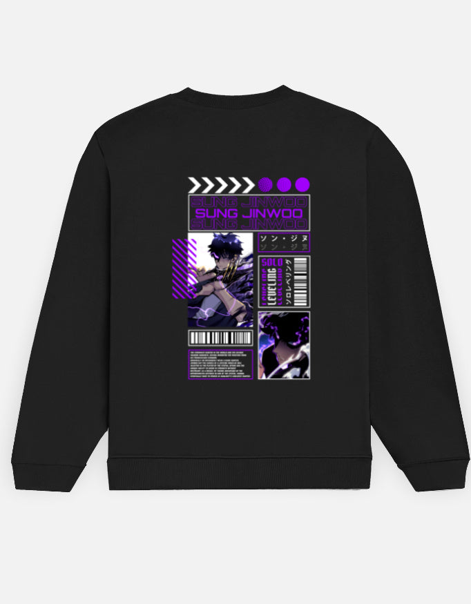 Sung Jinwoo sweatshirt in Black – manga-panel layout with purple 'SUNG JINWOO' lettering and a fighter in violet lightning back print, Bonzo Peter's