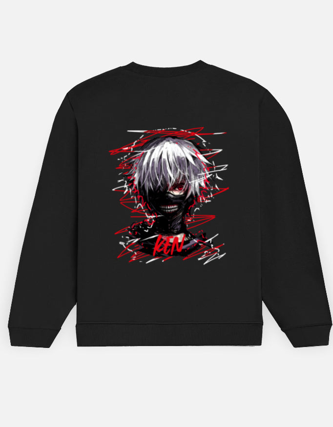 Ken Kaneki sweatshirt in Black – masked white-haired face in red and white scribble strokes with 'KEN' lettering back print, Bonzo Peter's