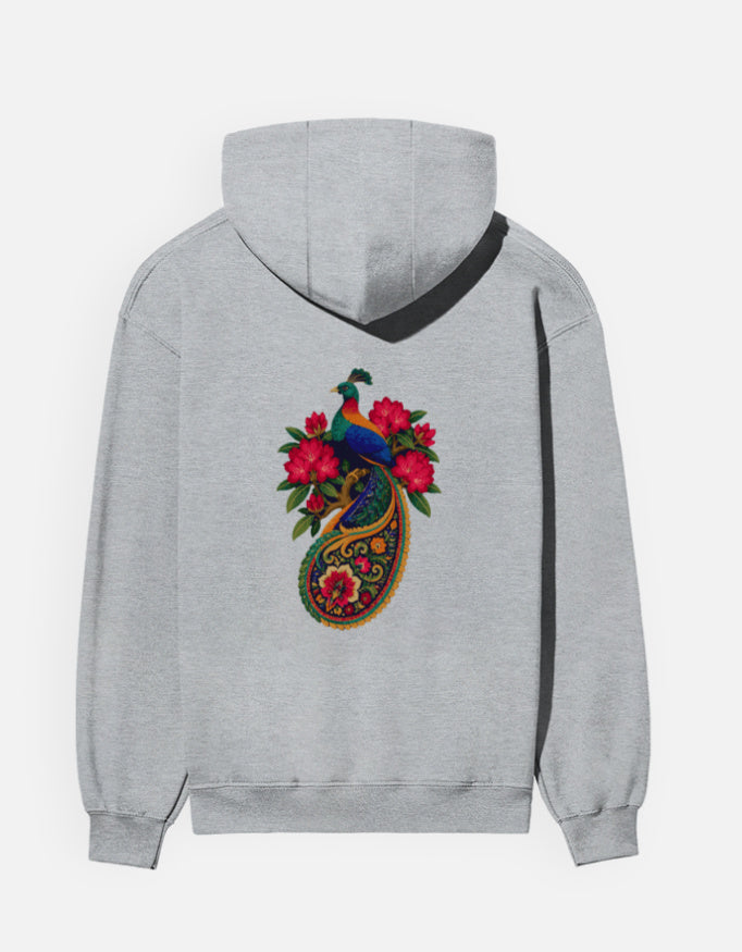 Monal hoodie in Grey Melange – Himalayan monal pheasant on a floral paisley back print, back view, Bonzo Peter's