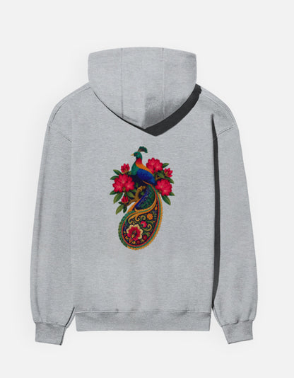 Monal hoodie in Grey Melange – Himalayan monal pheasant on a floral paisley back print, back view, Bonzo Peter's