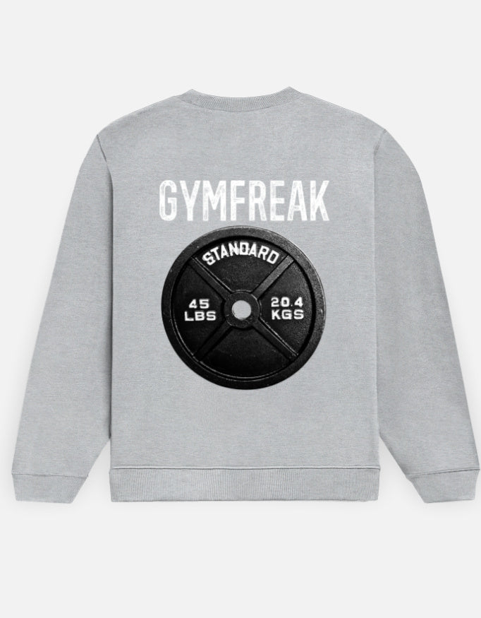 GymFreak sweatshirt in Grey Melange – 'GYMFREAK' lettering above a barbell plate back print, back view, Bonzo Peter's