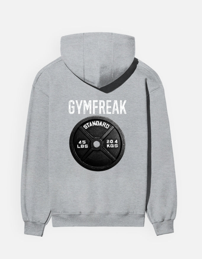 GymFreak hoodie in Grey Melange – 'GYMFREAK' lettering above a barbell plate back print, back view, Bonzo Peter's
