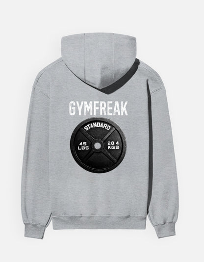GymFreak hoodie in Grey Melange – 'GYMFREAK' lettering above a barbell plate back print, back view, Bonzo Peter's