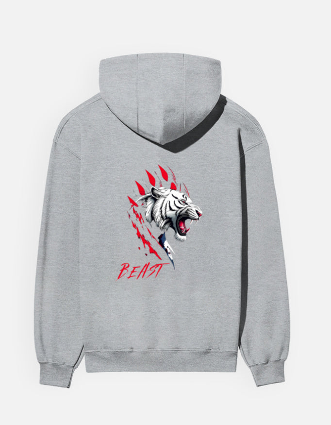 Beast Tiger hoodie in Grey Melange – white tiger face with red claw marks and 'BEAST' back print, back view, Bonzo Peter's