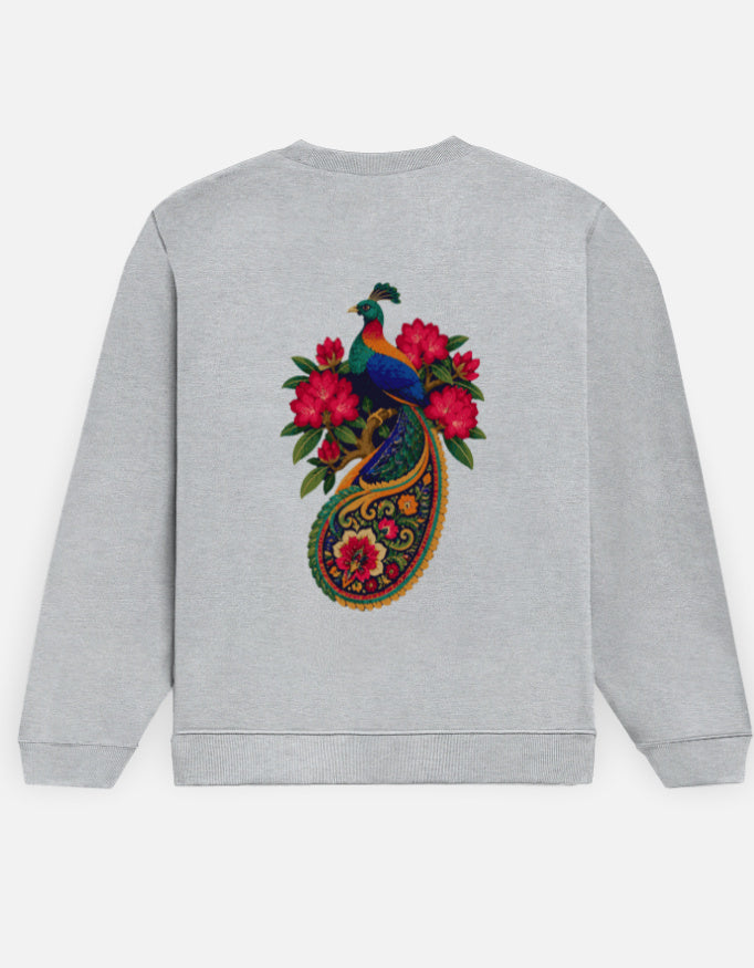 Monal sweatshirt in Grey Melange – Himalayan monal pheasant on a floral paisley back print, back view, Bonzo Peter's