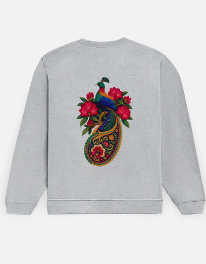 Monal sweatshirt in Grey Melange – Himalayan monal pheasant on a floral paisley back print, back view, Bonzo Peter's