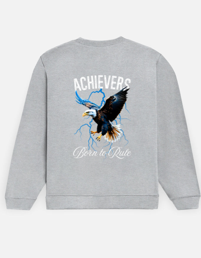 Achievers sweatshirt in Grey Melange – eagle in flight with 'ACHIEVERS' and 'Born to Rule' back print, back view, Bonzo Peter's