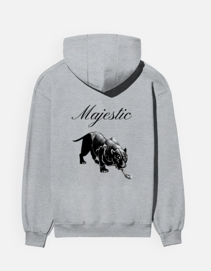 Majestic Panther hoodie in Grey Melange – 'Majestic' script above a prowling black panther back print, back view, Bonzo Peter's