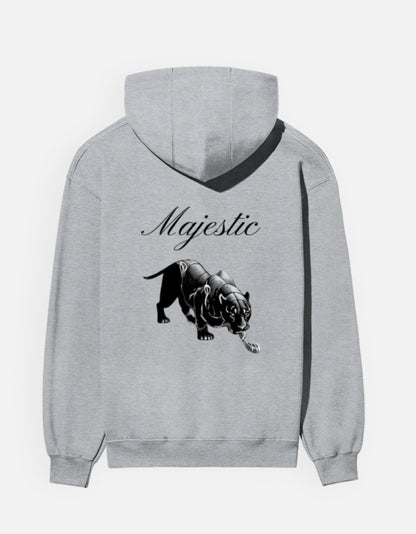 Majestic Panther hoodie in Grey Melange – 'Majestic' script above a prowling black panther back print, back view, Bonzo Peter's
