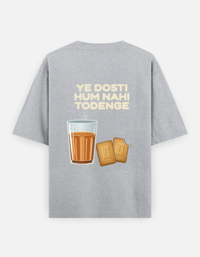Ye Dosti Hum Nahi Todenge oversized T-shirt in Grey Melange – cutting chai and biscuits back print, back view, Bonzo Peter's