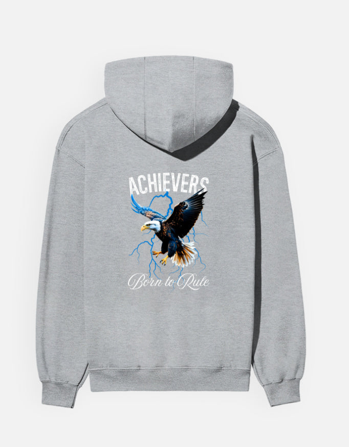 Achievers hoodie in Grey Melange – eagle in flight with 'ACHIEVERS' and 'Born to Rule' back print, back view, Bonzo Peter's