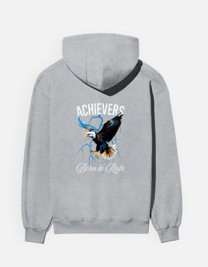 Achievers hoodie in Grey Melange – eagle in flight with 'ACHIEVERS' and 'Born to Rule' back print, back view, Bonzo Peter's