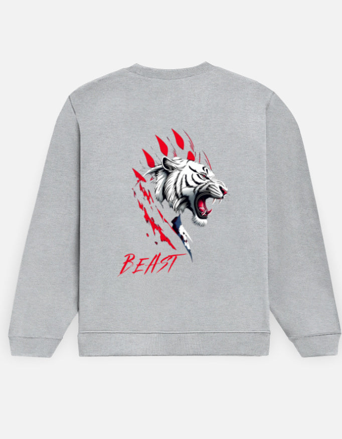 Beast Tiger sweatshirt in Grey Melange – white tiger face with red claw marks and 'BEAST' back print, back view, Bonzo Peter's