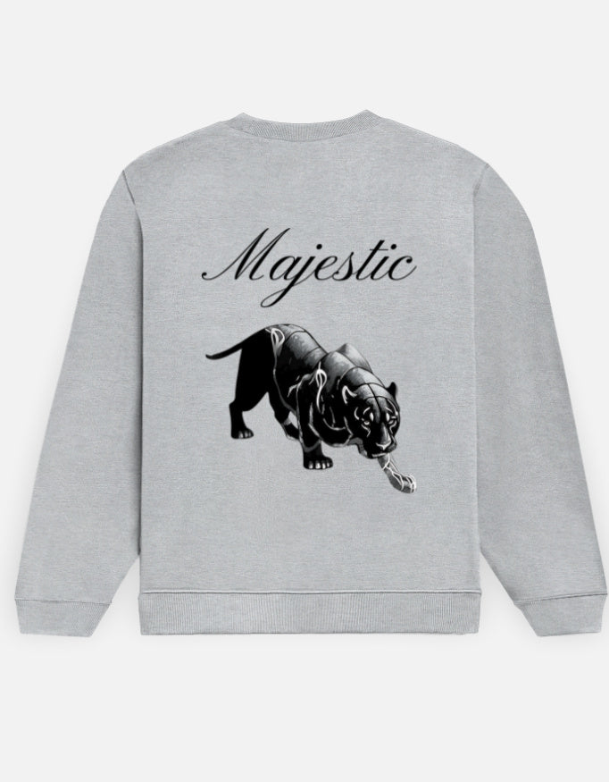 Majestic Panther sweatshirt in Grey Melange – 'Majestic' script above a prowling black panther back print, back view, Bonzo Peter's