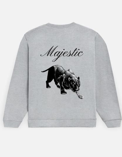 Majestic Panther sweatshirt in Grey Melange – 'Majestic' script above a prowling black panther back print, back view, Bonzo Peter's