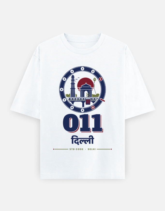011 Dilli oversized cotton T-shirt in White – 011 दिल्ली Delhi STD code front print, Bonzo Peter's