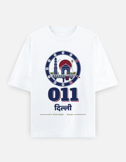 011 Dilli oversized cotton T-shirt in White – 011 दिल्ली Delhi STD code front print, Bonzo Peter's