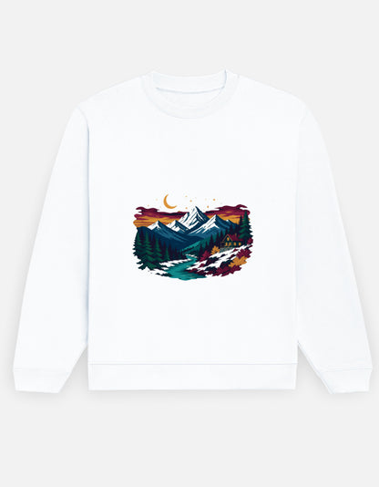 Himalayan Dusk sweatshirt in White – snow-capped Himalayan peaks at dusk front print, front view, Bonzo Peter's