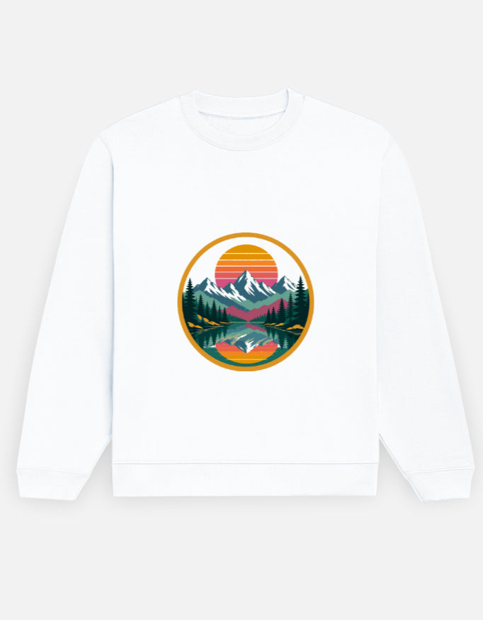 Retro Sunset Badge sweatshirt in White – circular retro sunset badge with mountains, pines and lake front print, front view, Bonzo Peter's