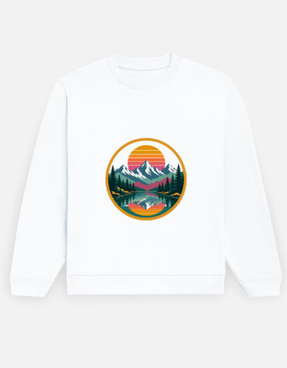 Retro Sunset Badge sweatshirt in White – circular retro sunset badge with mountains, pines and lake front print, front view, Bonzo Peter's