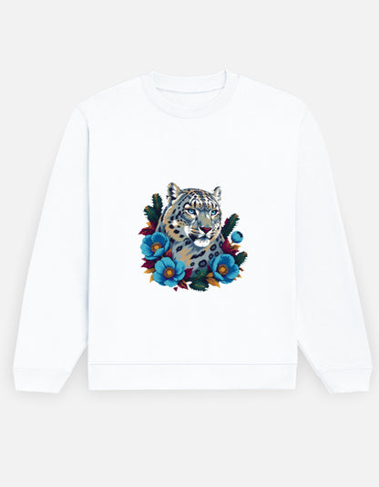 Snow Leopard sweatshirt in White – snow leopard head with blue Himalayan poppies front print, front view, Bonzo Peter's
