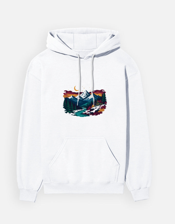 Himalayan Dusk hoodie in White – snow-capped Himalayan peaks at dusk front print, front view, Bonzo Peter's