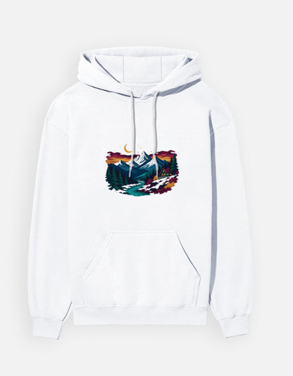Himalayan Dusk hoodie in White – snow-capped Himalayan peaks at dusk front print, front view, Bonzo Peter's