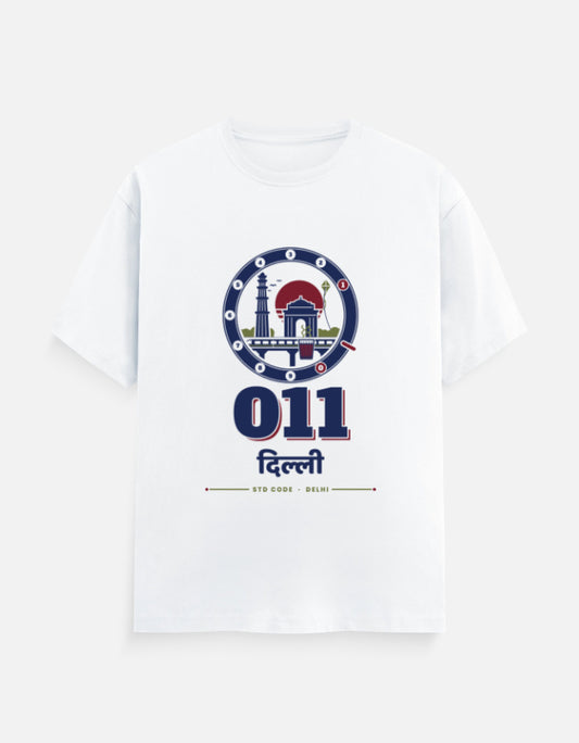011 Dilli regular fit T-shirt in White – 011 दिल्ली Delhi STD code front print, front view, Bonzo Peter's
