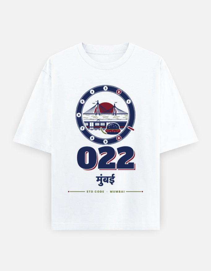 022 Mumbai oversized cotton T-shirt in White – 022 मुंबई Mumbai STD code front print, Bonzo Peter's
