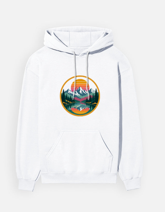 Retro Sunset Badge hoodie in White – circular retro sunset badge with mountains, pines and lake front print, front view, Bonzo Peter's