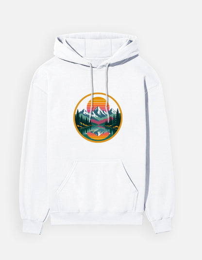 Retro Sunset Badge hoodie in White – circular retro sunset badge with mountains, pines and lake front print, front view, Bonzo Peter's