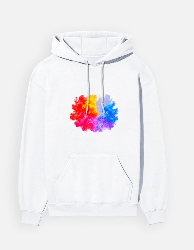 Colour Smoke hoodie in White – Holi-style multicolour smoke burst front print, front view, Bonzo Peter's