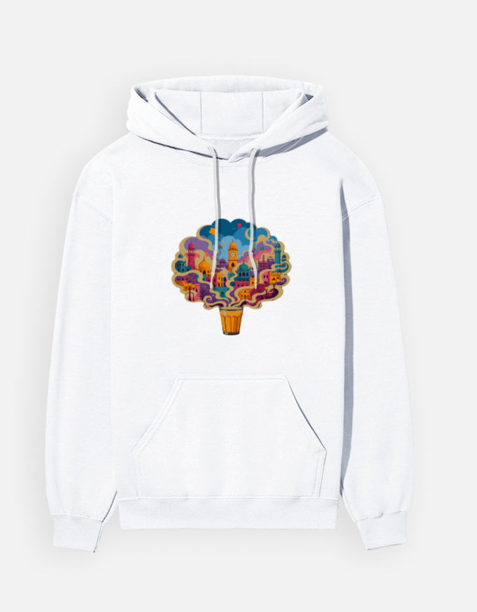 Chai City hoodie in White – cutting chai glass with steam forming an Indian cityscape front print, front view, Bonzo Peter's