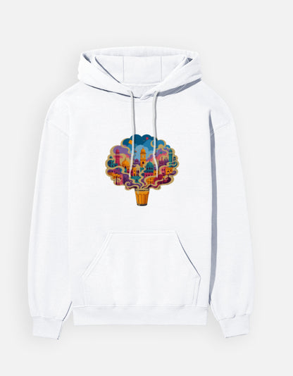 Chai City hoodie in White – cutting chai glass with steam forming an Indian cityscape front print, front view, Bonzo Peter's