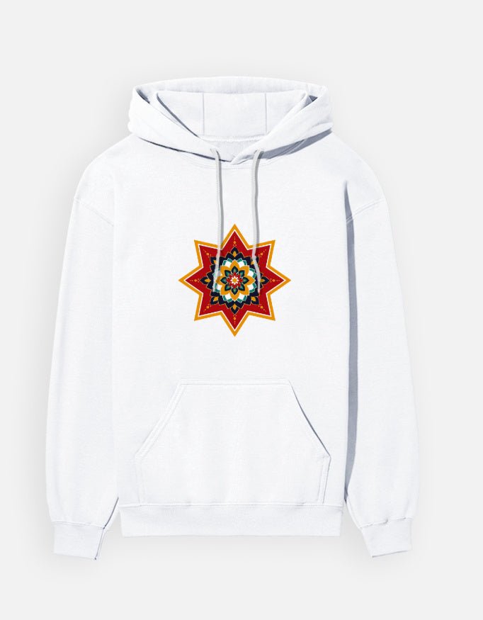 Ajrakh Star hoodie in White – eight-point Ajrakh star print on the chest, front view, Bonzo Peter's