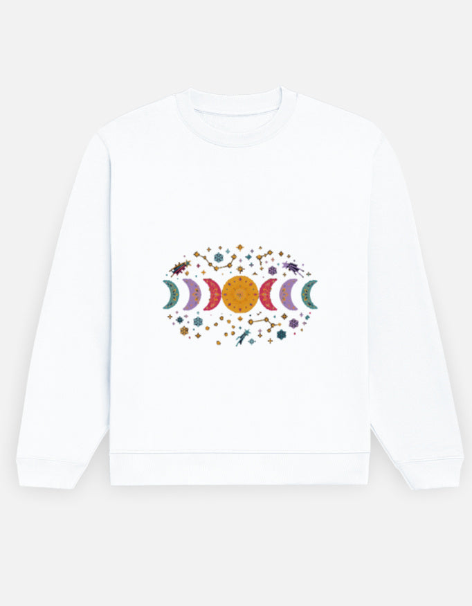 Moon Phase sweatshirt in White – row of moon phases with constellations and snowflakes front print, front view, Bonzo Peter's