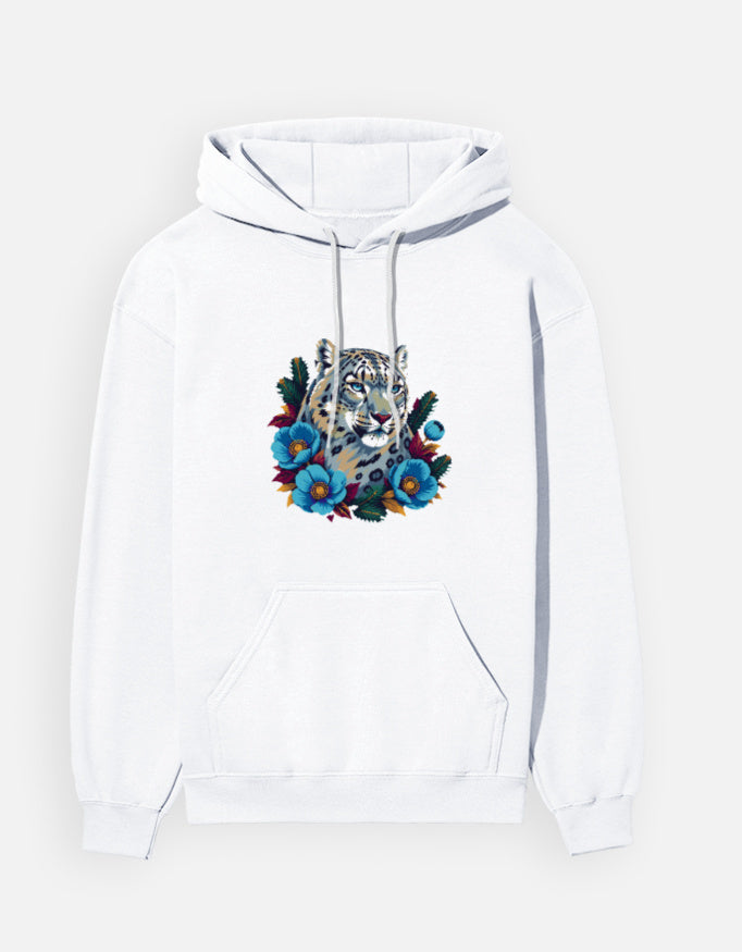 Snow Leopard hoodie in White – snow leopard head with blue Himalayan poppies front print, front view, Bonzo Peter's