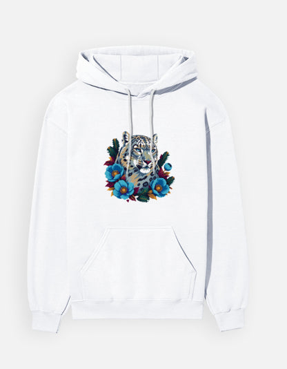 Snow Leopard hoodie in White – snow leopard head with blue Himalayan poppies front print, front view, Bonzo Peter's