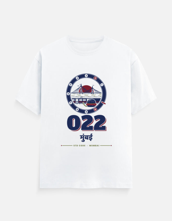 022 Mumbai regular fit T-shirt in White – 022 मुंबई Mumbai STD code front print, front view, Bonzo Peter's