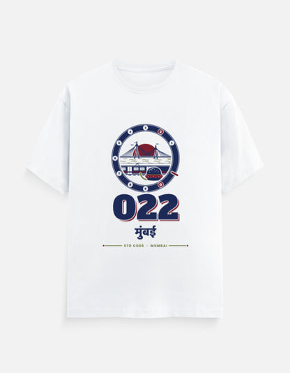 022 Mumbai regular fit T-shirt in White – 022 मुंबई Mumbai STD code front print, front view, Bonzo Peter's