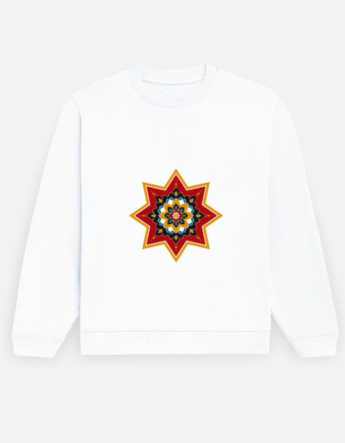 Ajrakh Star sweatshirt in White – eight-point Ajrakh star print on the chest, front view, Bonzo Peter's