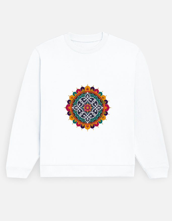 Kolam Mandala sweatshirt in White – kolam mandala print on the chest, front view, Bonzo Peter's