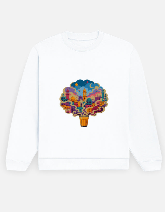 Chai City sweatshirt in White – cutting chai glass with steam forming an Indian cityscape front print, front view, Bonzo Peter's