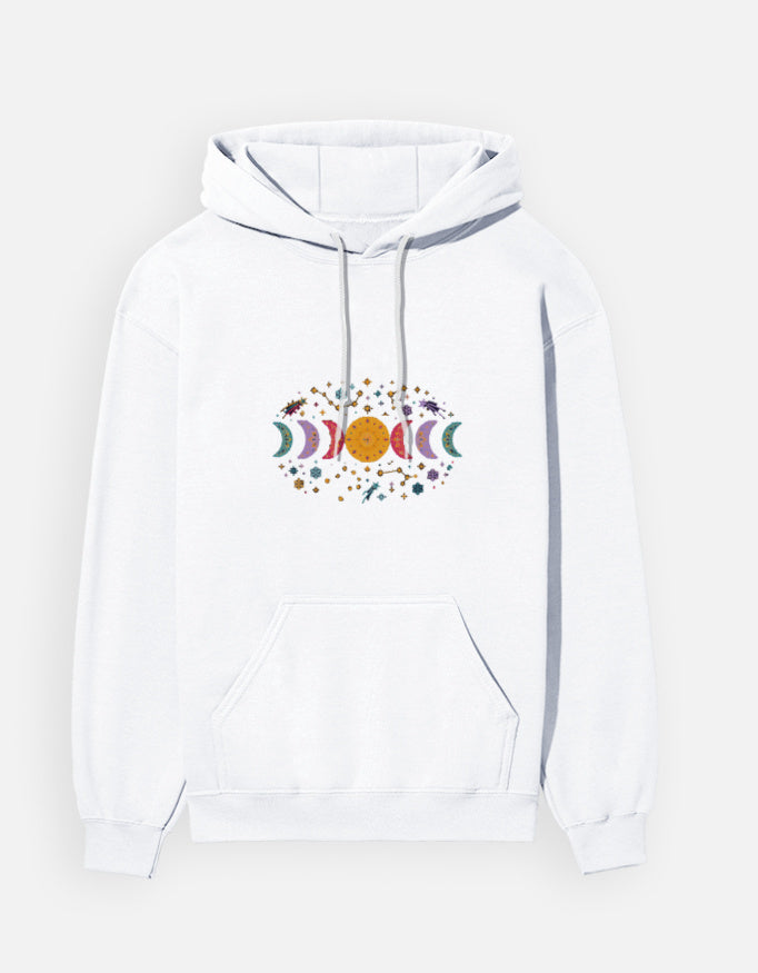Moon Phase hoodie in White – row of moon phases with constellations and snowflakes front print, front view, Bonzo Peter's