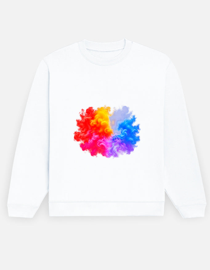 Colour Smoke sweatshirt in White – Holi-style multicolour smoke burst front print, front view, Bonzo Peter's