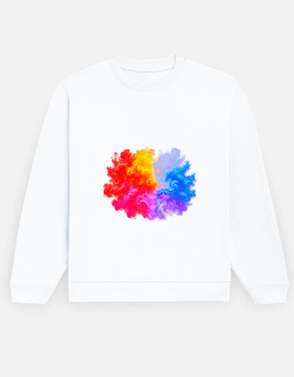 Colour Smoke sweatshirt in White – Holi-style multicolour smoke burst front print, front view, Bonzo Peter's