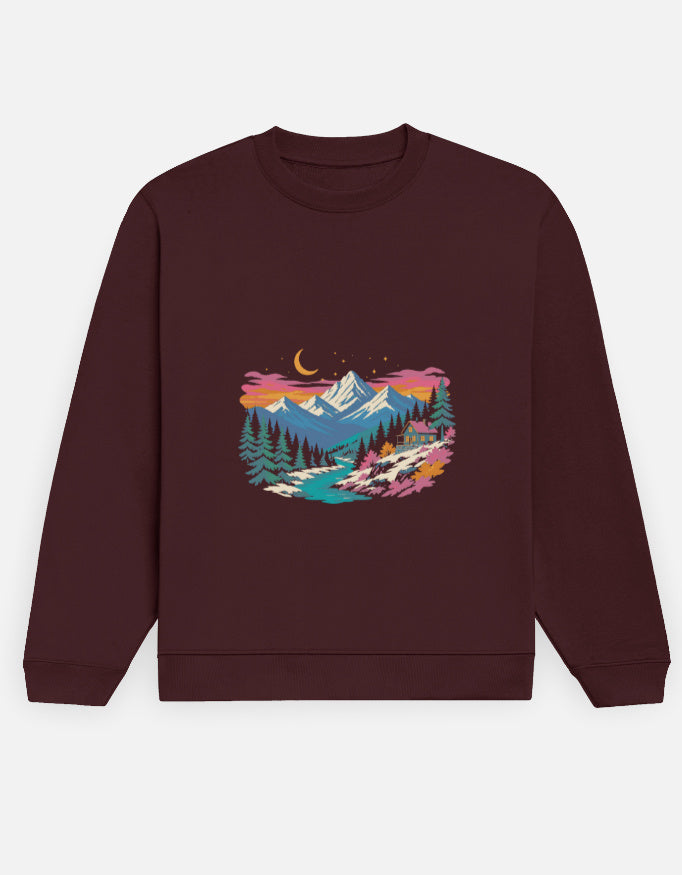 Himalayan Dusk sweatshirt in Maroon – snow-capped Himalayan peaks at dusk front print, front view, Bonzo Peter's