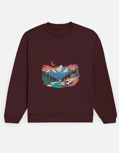 Himalayan Dusk sweatshirt in Maroon – snow-capped Himalayan peaks at dusk front print, front view, Bonzo Peter's