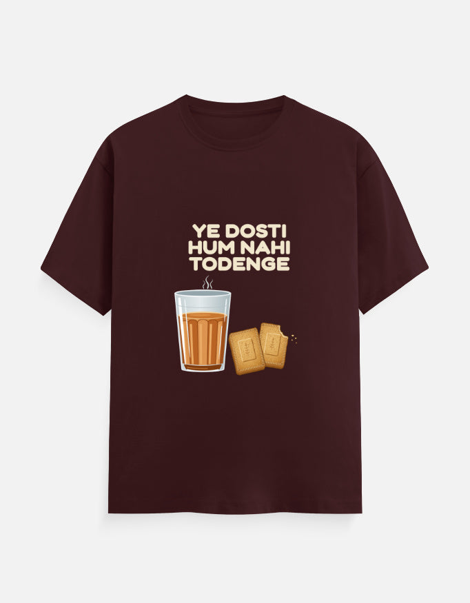 Ye Dosti Hum Nahi Todenge unisex T-shirt in Maroon – cutting chai and biscuits front print, front view, Bonzo Peter's