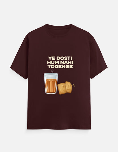 Ye Dosti Hum Nahi Todenge unisex T-shirt in Maroon – cutting chai and biscuits front print, front view, Bonzo Peter's